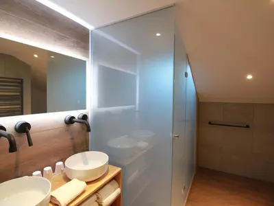 Salle de bains dans l'établissement Gîte Alsacien : Terrasse, Sauna Privé, Accès Piscine et Bien-être, Proche Colmar et Route des Vins - FR-1-744-16