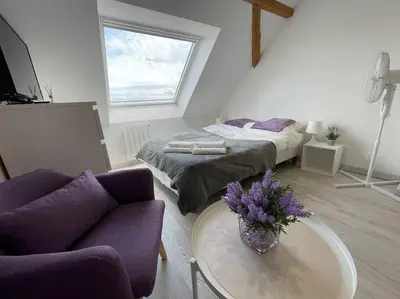 Un ou plusieurs lits dans un hébergement de l'établissement Esprit Violet - Joli Studio Salengro - Sauna & Sport club