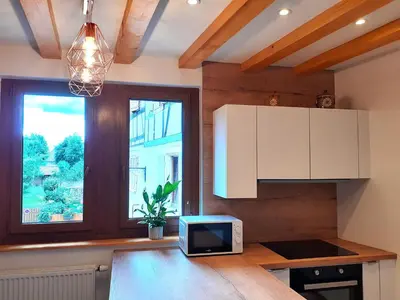 Cuisine ou kitchenette dans l'établissement Coup de cœur en Alsace ! Proche Colmar et sur la route des Vins, Gîte de la Muse avec son jardin