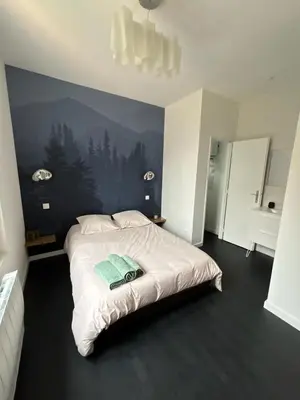 Un ou plusieurs lits dans un hébergement de l'établissement Chambre privée Au pied des Vosges entrée et terrasse privatives, proche gare et centre-ville