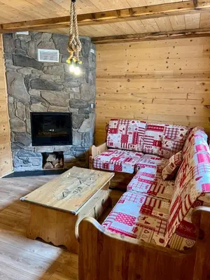 Coin salon dans l'établissement Gîte 2 à 8 personnes style chalet avec garage privé et jardin