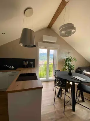 Cuisine ou kitchenette dans l'établissement appartement la fleur d'abeille avec une belle vue et spa