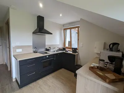 Cuisine ou kitchenette dans l'établissement Cosy gîte dans les Vosges, terrasse privative, idéal randonnées - FR-1-589-643