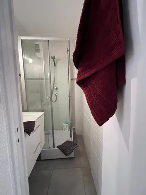 Salle de bains dans l'établissement Le Scandinave, cosy et lumineux, proche GE-Alstom-UTBM, PrimeVideo, Wifi