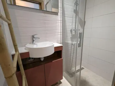 Salle de bains dans l'établissement Gîte Montagne avec Piscine Chauffée, Spa et Sauna - Les Roches - FR-1-589-656