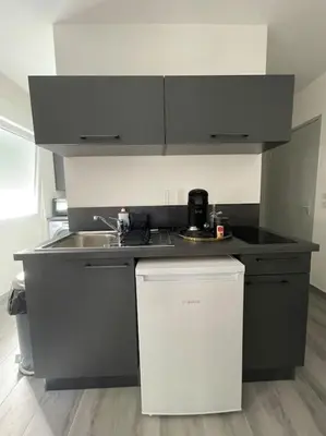 Cuisine ou kitchenette dans l'établissement T2 Elio - proche gare et aéroport, parking privé