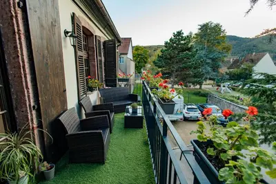 Jardin de l'établissement La Cure grand appartement familial 3 chambres avec terrasse et parking à 10 minutes de Colmar