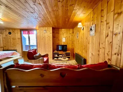 Télévision ou salle de divertissement dans l'établissement Le Grand Aigle, bel appartement style chalet
