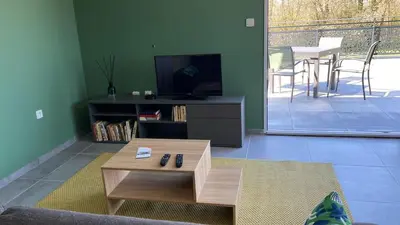 Télévision ou salle de divertissement dans l'établissement Appartement avec terrasse, proche des 1000 étangs, chapelle Le Corbusier