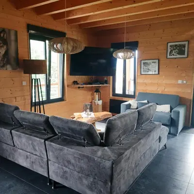 Coin salon dans l'établissement Chalet Bois le Havre du sotrè Gérardmer Sauna panoramique jacuzzi 14 personnes et 1 bébé