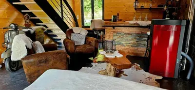 Coin salon dans l'établissement Chalet Bois le Havre du sotrè Gérardmer Sauna panoramique jacuzzi 14 personnes et 1 bébé