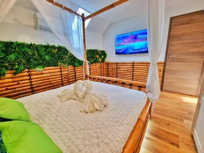 Un ou plusieurs lits dans un hébergement de l'établissement BALI SPA-4 Pers-Jacuzzi-Parking-Jardin-Clim-Colmar