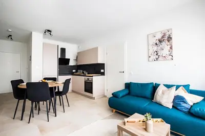 Cuisine ou kitchenette dans l'établissement A21 Rhine view condo by the 3-countries-bridge