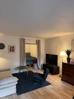 Coin salon dans l'établissement Appartement cosy rez de jardin Kaligone