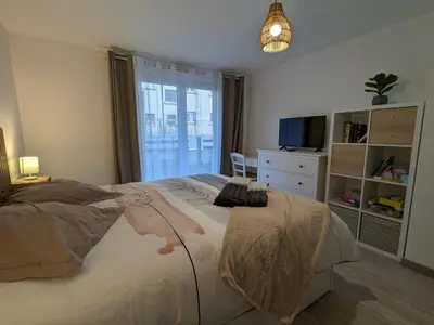 Un ou plusieurs lits dans un hébergement de l'établissement Appartement cocooning au cœur des Hautes-Vosges avec terrasse et parking privé - FR-1-589-841