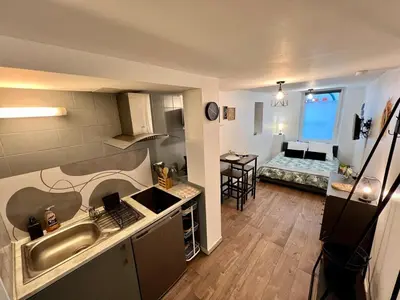 Cuisine ou kitchenette dans l'établissement Montbel'appart Studio Central tout équipé