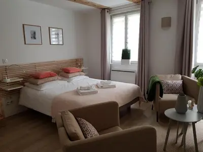 Un ou plusieurs lits dans un hébergement de l'établissement Studio Maison Verte Colmar Centre