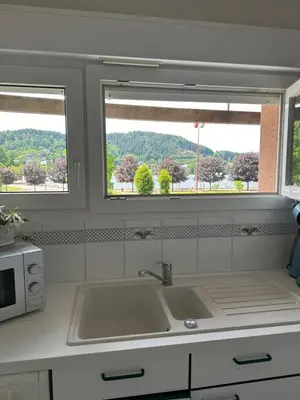 Cuisine ou kitchenette dans l'établissement Le Gîte au bord du Lac