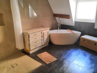 Salle de bains dans l'établissement Au Grenier de La Grenouille