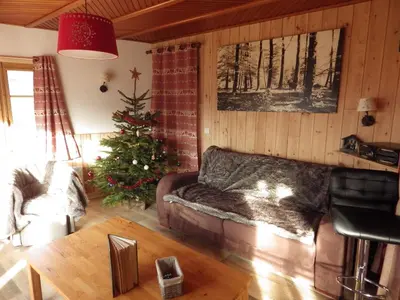 Coin salon dans l'établissement Chalet Le rustique vue sur le lac