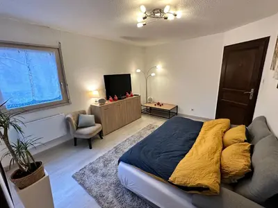 Coin salon dans l'établissement F2 Florival 45m2, avec terrasse, route du vin et free parking