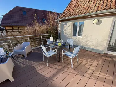 Balcon ou terrasse dans l'établissement DUPLEX Le 12 - Appartement avec terrasse dans le vignoble - 5 mn du centre de Colmar