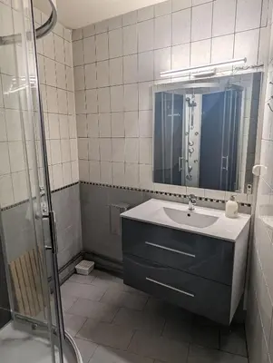 Salle de bains dans l'établissement Le Thannois - appartement 2 chambres, salon, cuisine équipée, parking et wifi gratuit