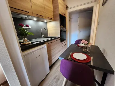 Cuisine ou kitchenette dans l'établissement Gîte Myosotis, studio 2 personnes, avec salle de jeux et SPA dans la résidence