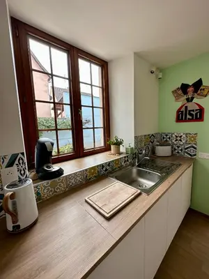 Cuisine ou kitchenette dans l'établissement Charmant et chaleureux gîte dans le vignoble